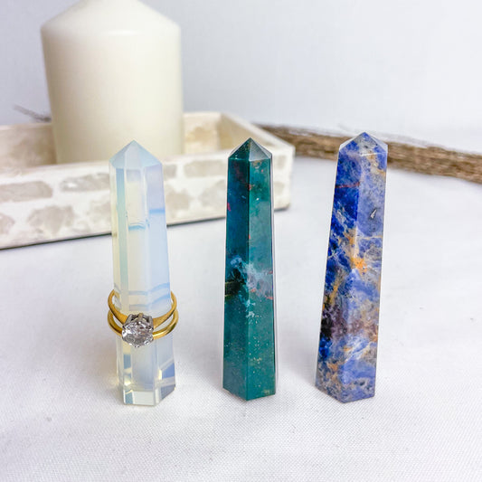Trio of crystal ring holder towers - Bloodstone, Opalite + Sodalite points bundle