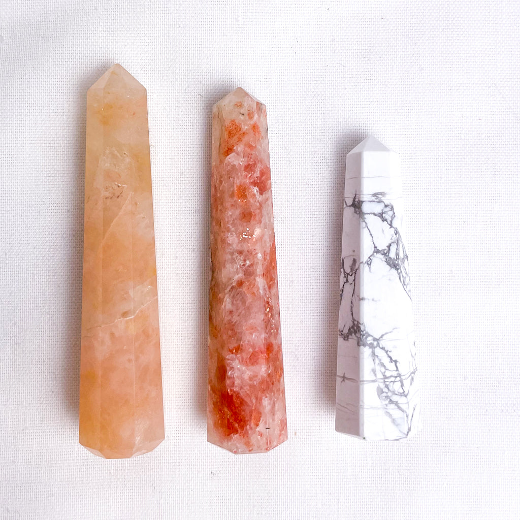 Trio of crystal ring holder towers - Sunstone, Fire quartz + Howlite points bundle