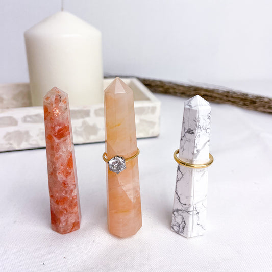 Trio of crystal ring holder towers - Sunstone, Fire quartz + Howlite points bundle