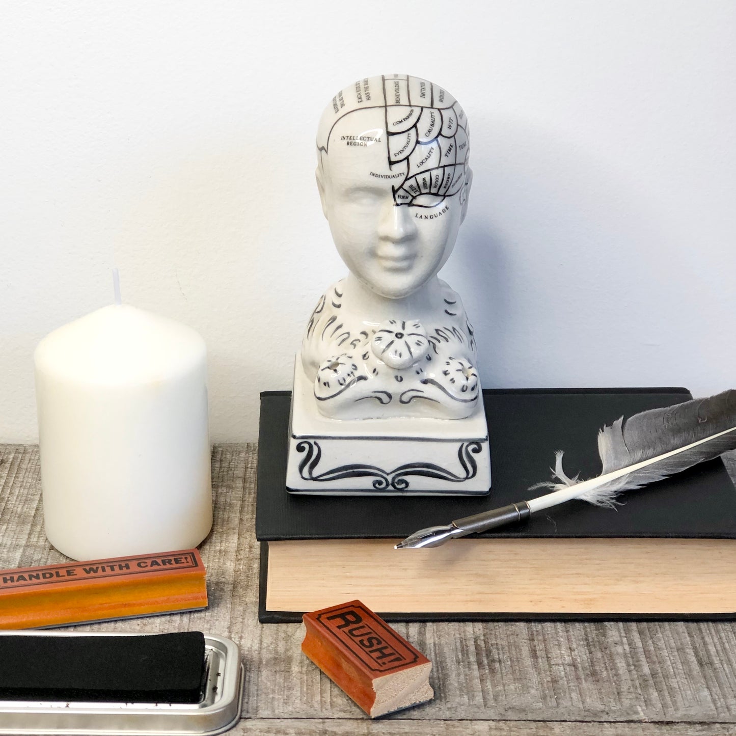 Phrenology head inkwell statue