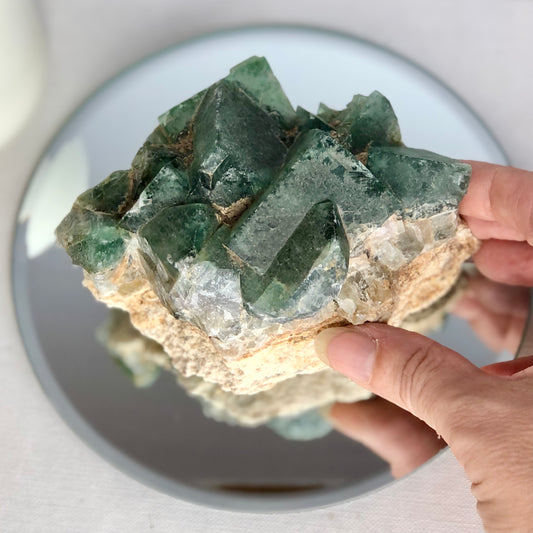 Fluorite cubic emerald green crystal unpolished cluster L2