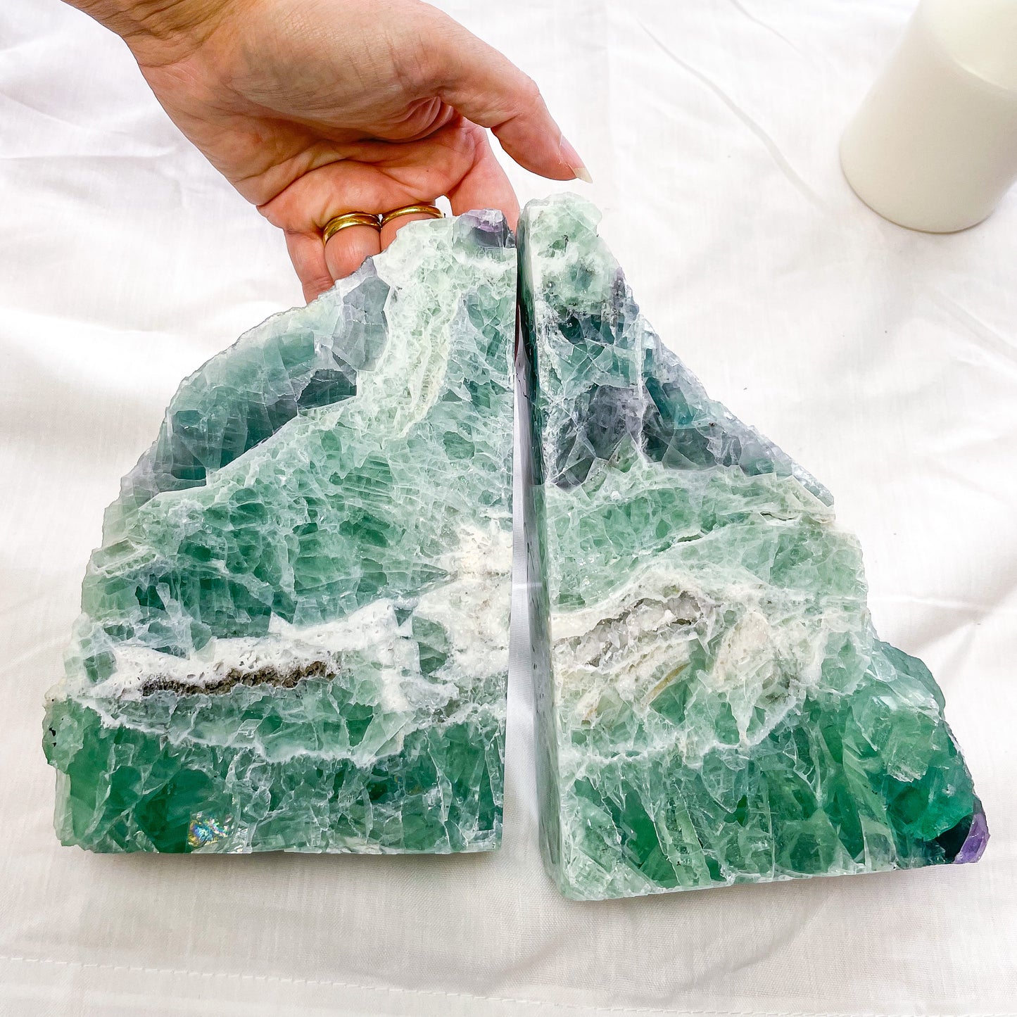 Fluorite green purple polished crystal bookend pair 3.8kg