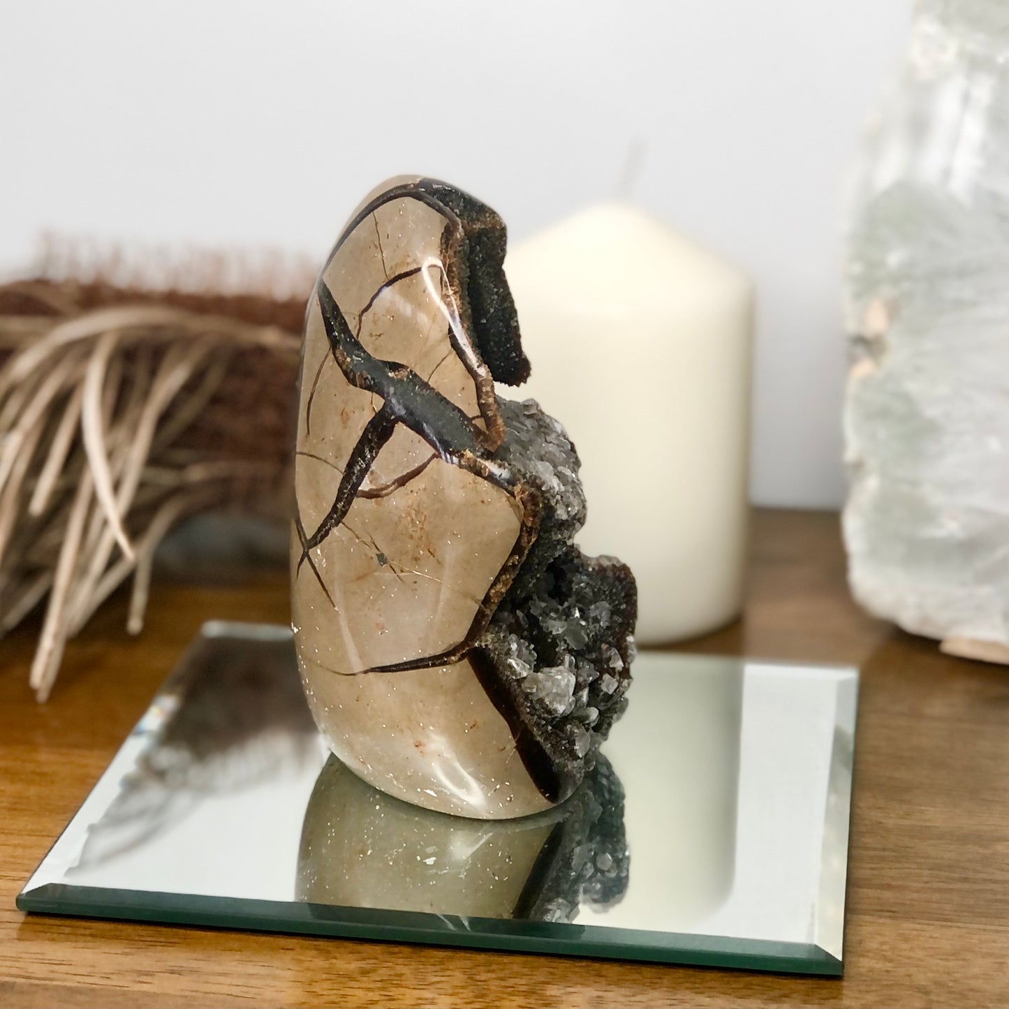 Septarian nodule + Calcite crystal statue