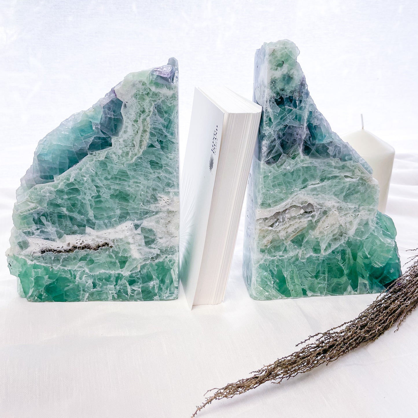 Fluorite green purple polished crystal bookend pair 3.8kg