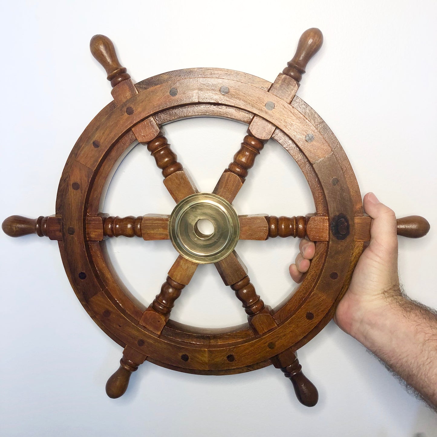 Antique wood + brass sailing ship wheel wall decor