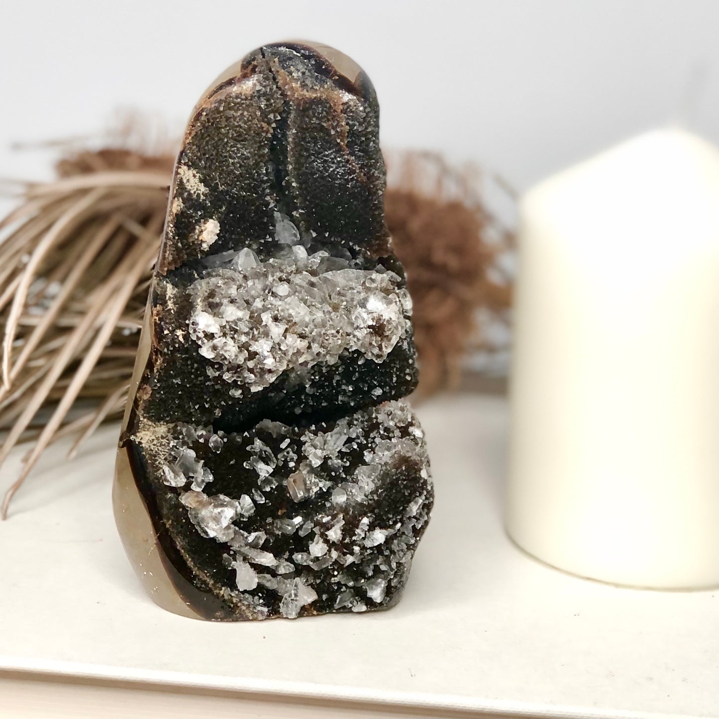 Septarian nodule + Calcite crystal statue