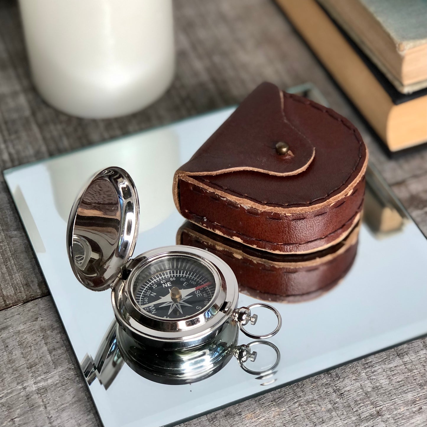 Antique silver nickel compass + leather case