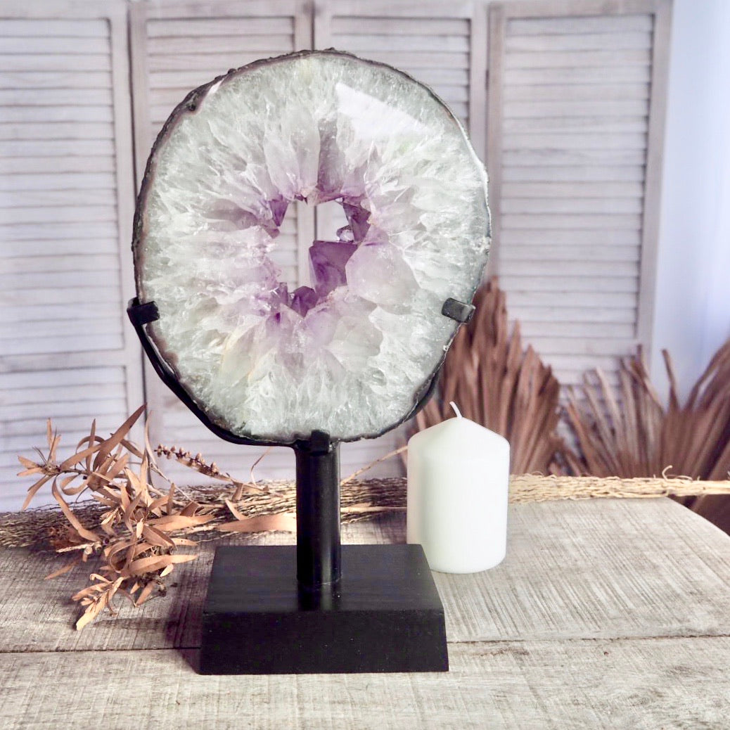 Amethyst crystal geode slice 3.6kg on metal stand