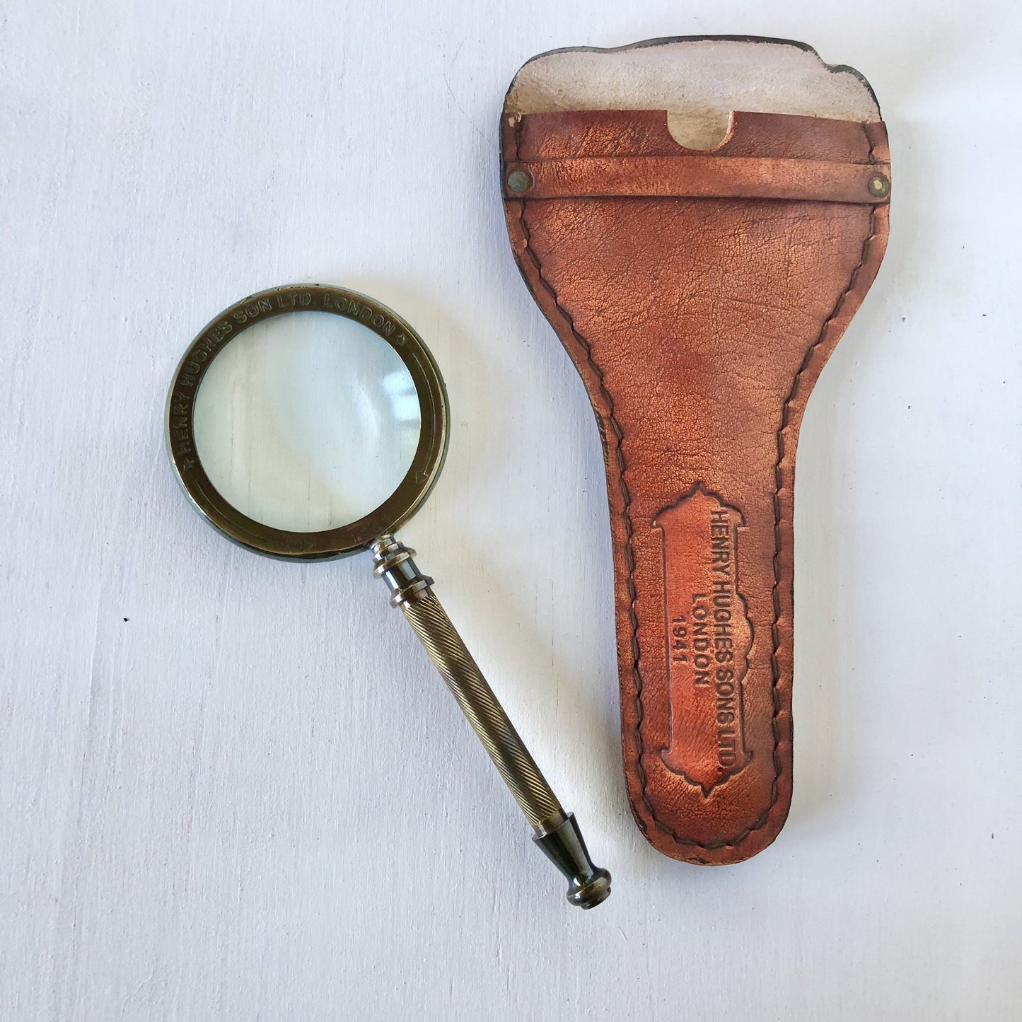 Antique brass magnifying glass + leather case
