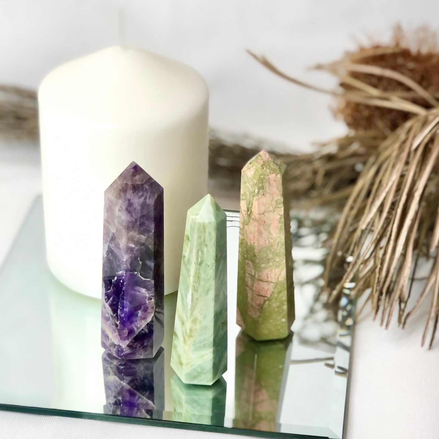 Trio of crystal towers - Amethyst, Agate + Unakite points