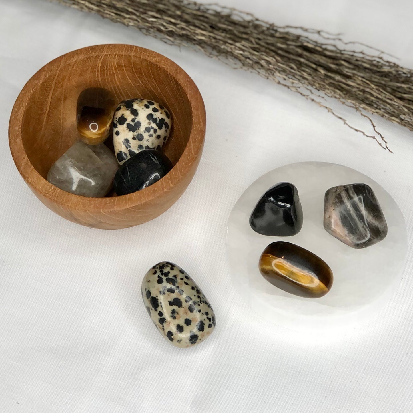 Gemstone tumble stone bundle - RELEASE - Dalmatian Jasper, Shungite, Black Moonstone + Tigers Eye