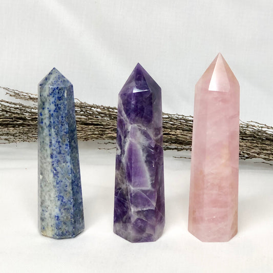 Trio of crystal towers - Rose quartz, Chevron Amethyst + Sodalite points bundle