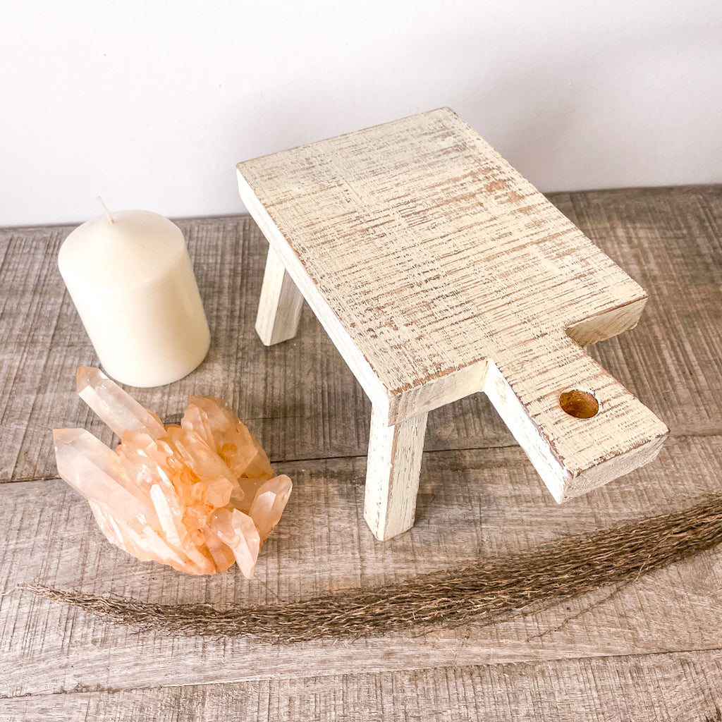 White wash wood milking stool / display stand