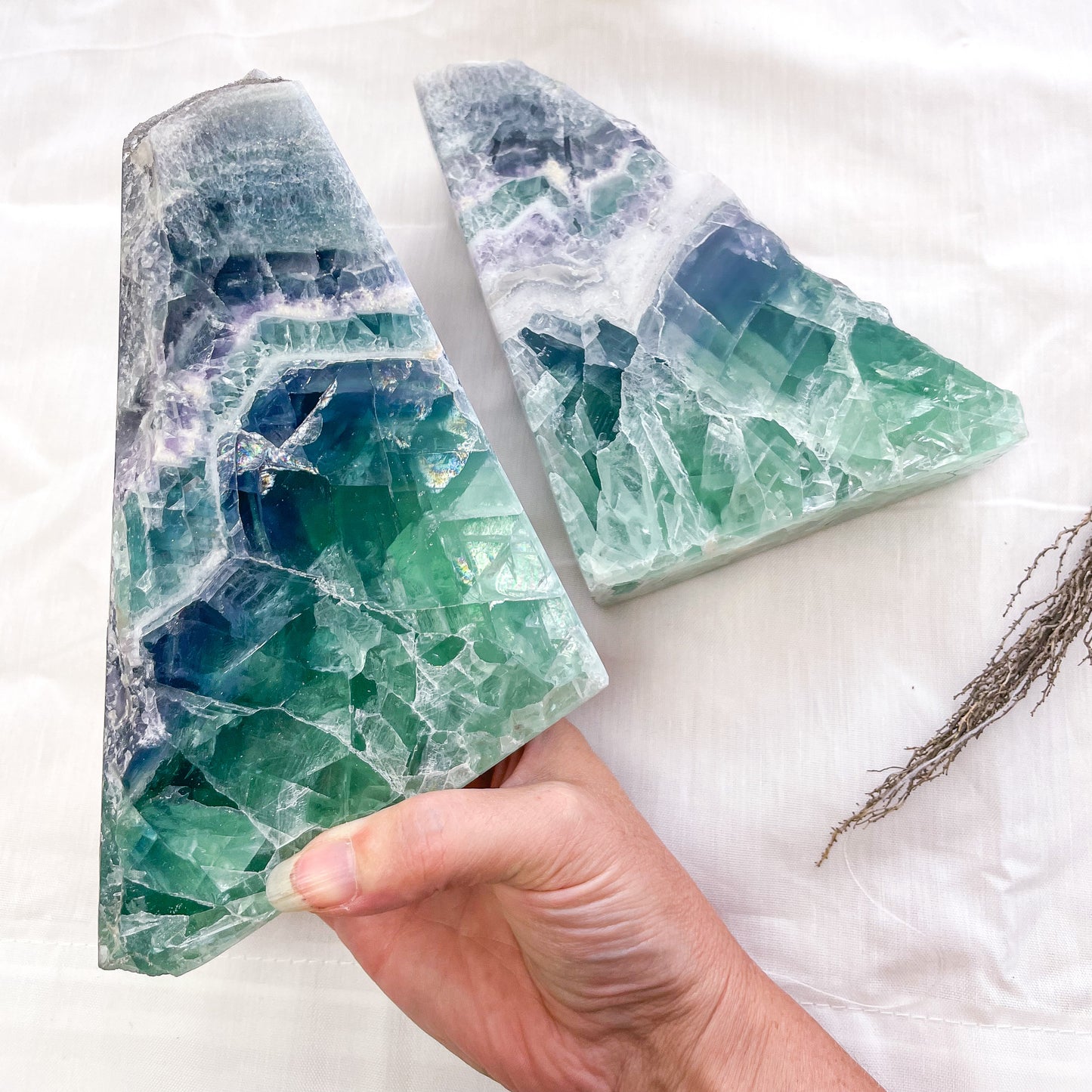 Fluorite green blue purple polished crystal bookend pair 3.4kg