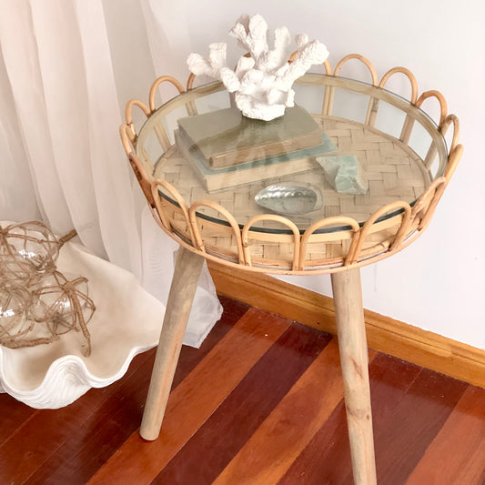 Island side table - Glass top, bamboo, rattan + wood table