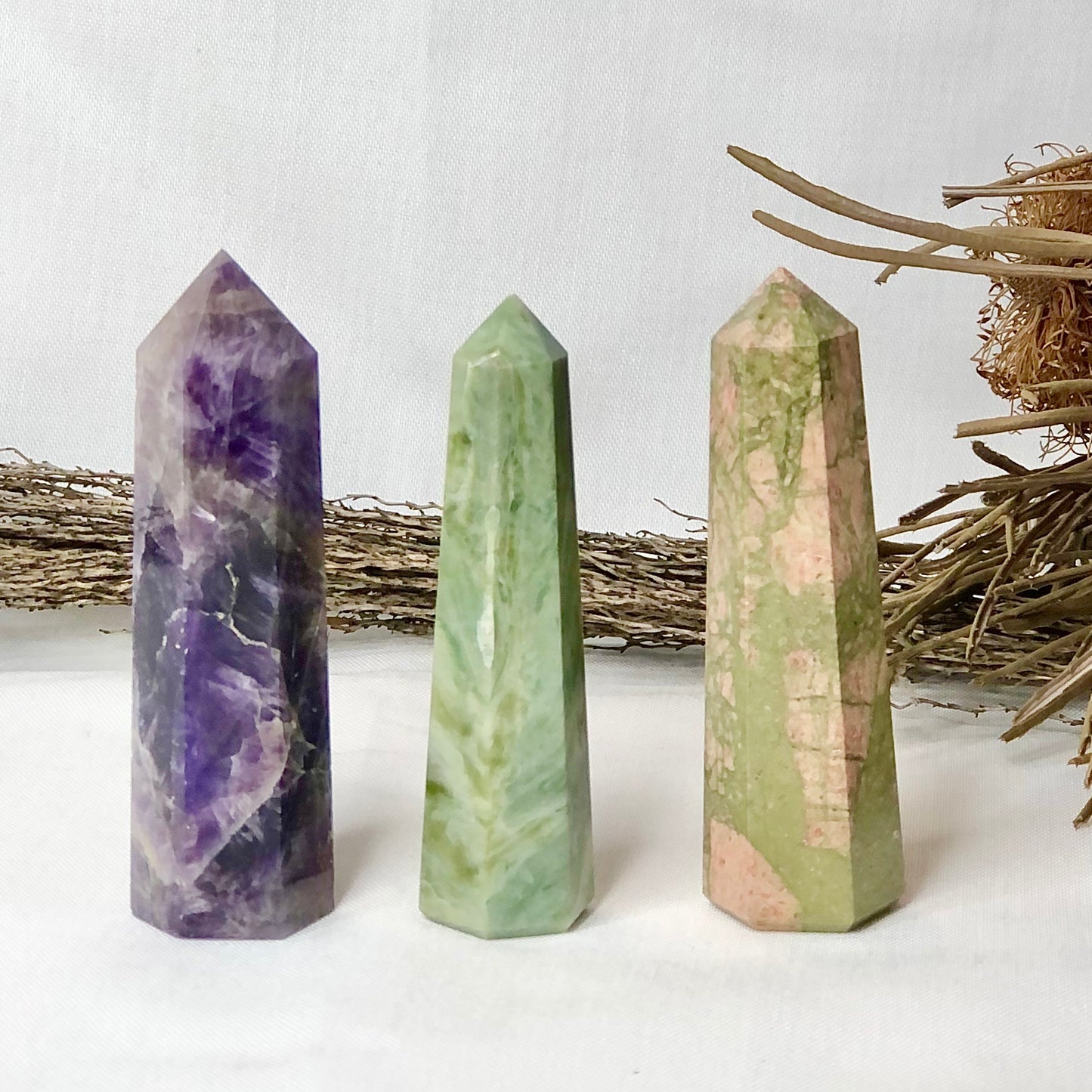 Trio of crystal towers - Amethyst, Agate + Unakite points