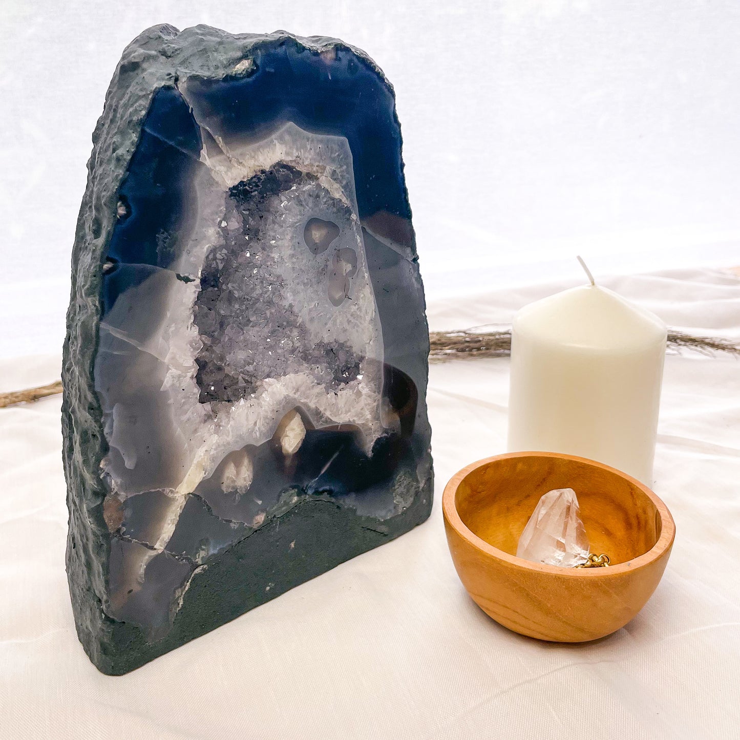 Blue lace agate, flower amethyst stalactite + Clear quartz crystal geode cave cathedral