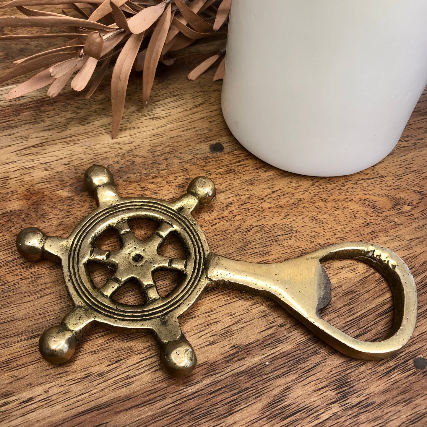 Sailing ship wheel brass bottle opener