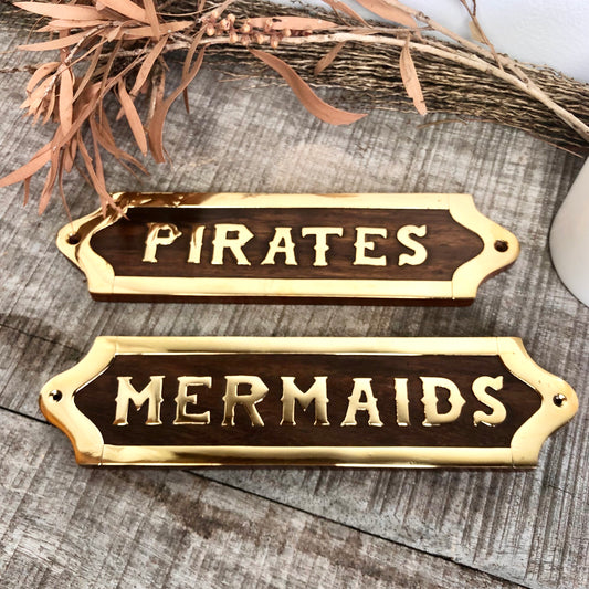 Mermaids, Pirates brass and wood door sign