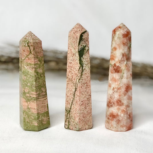 Trio of crystal towers - Sunstone, Unakite + Pink Feldspar points