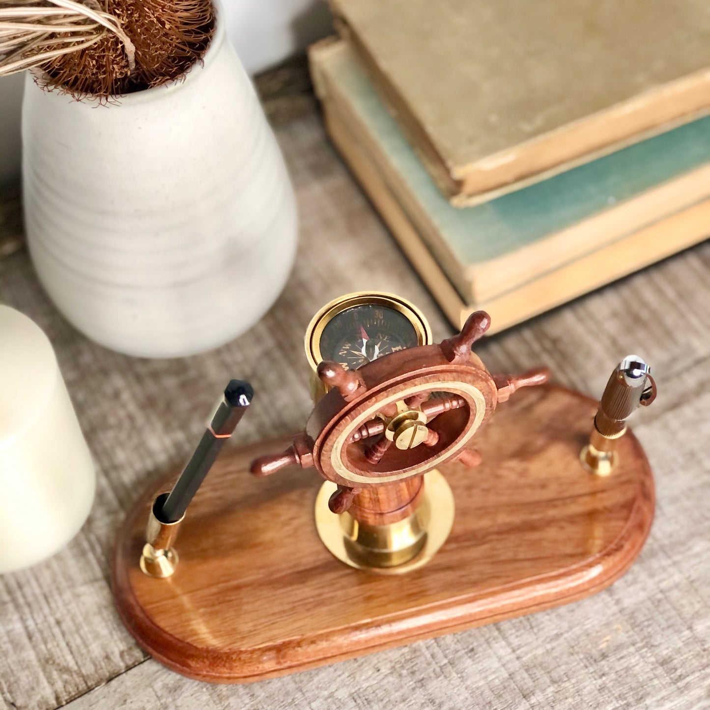 Sailing ship wheel + compass wooden desk pen holder