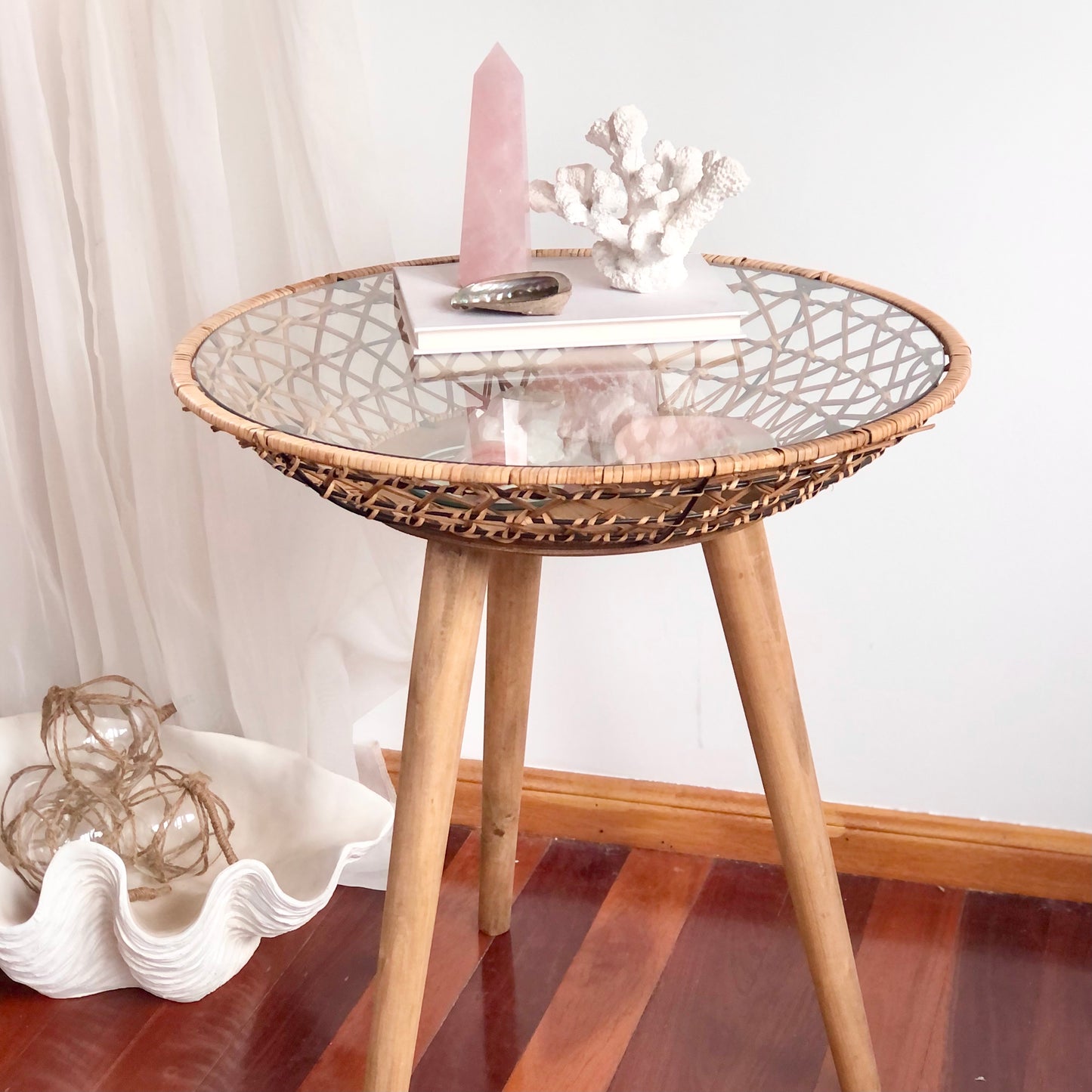 Basket weave side table - Glass top, rattan + wood table
