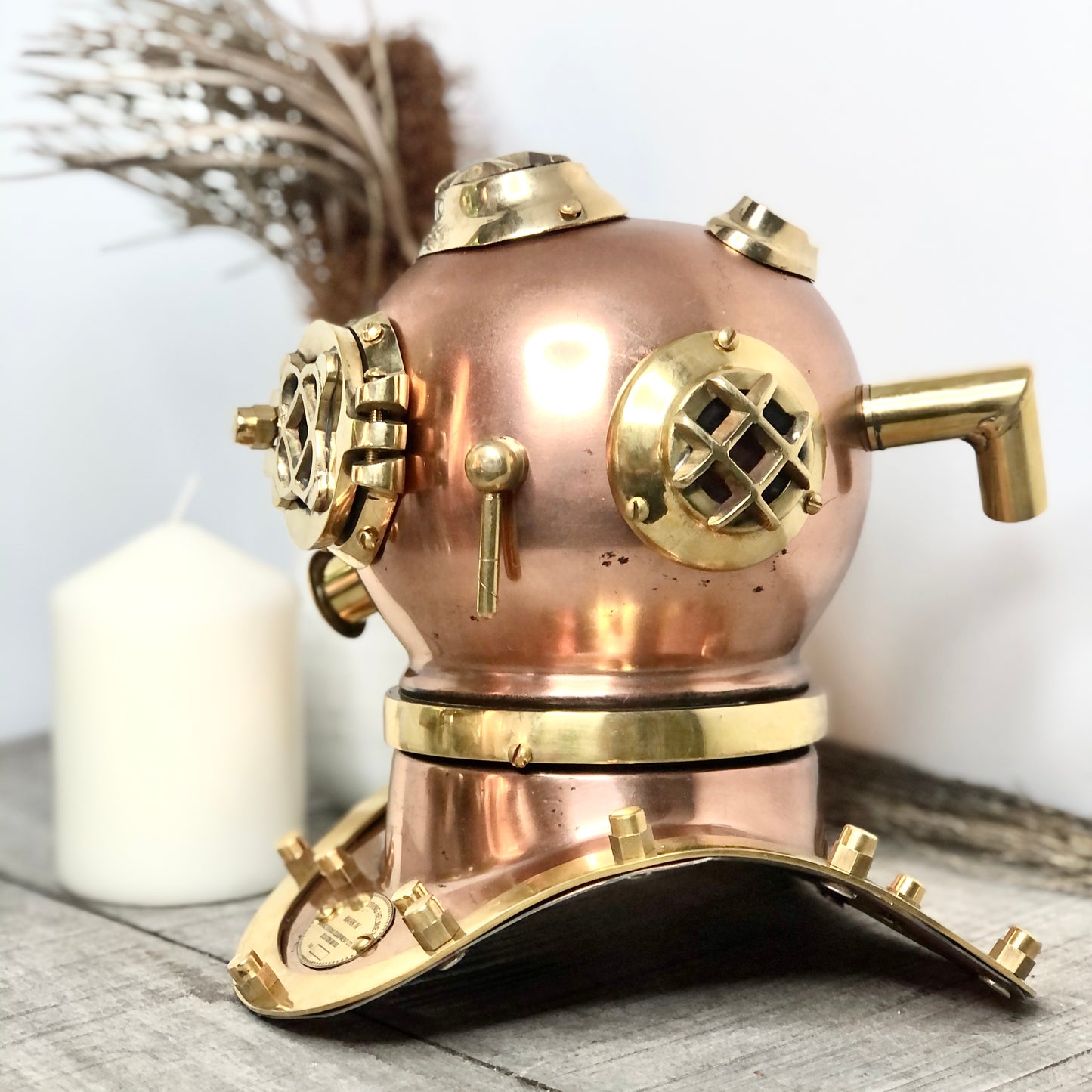 Antique brass + copper deep sea divers helmet statue