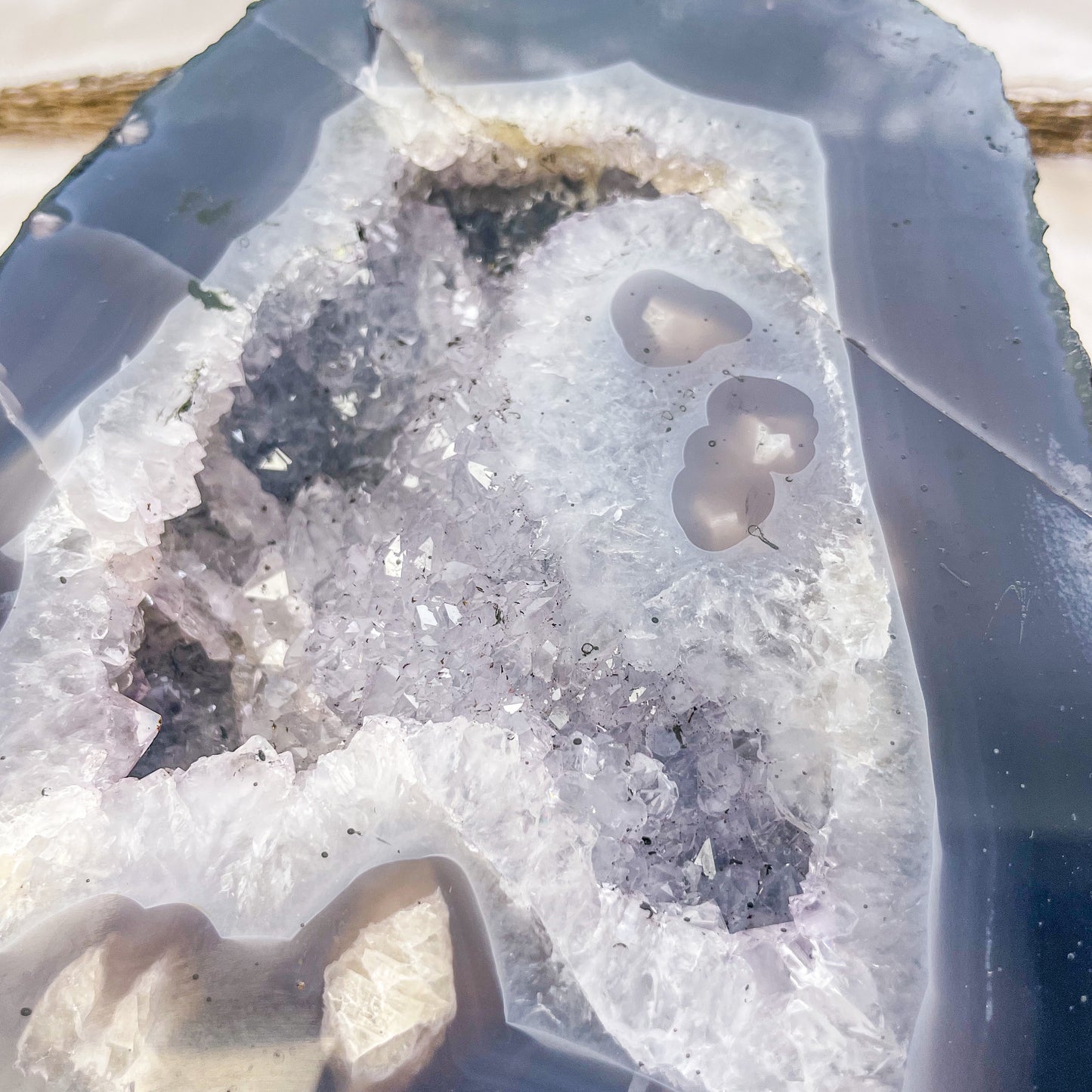 Blue lace agate, flower amethyst stalactite + Clear quartz crystal geode cave cathedral