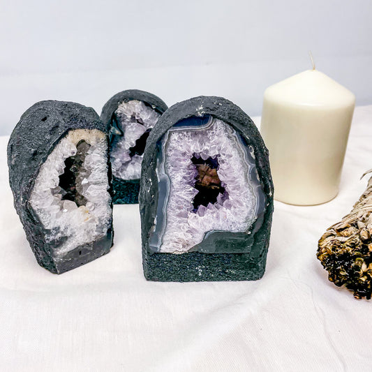 Amethyst, Blue lace agate, Calcite + Clear quartz crystal geode mini cave cathedral