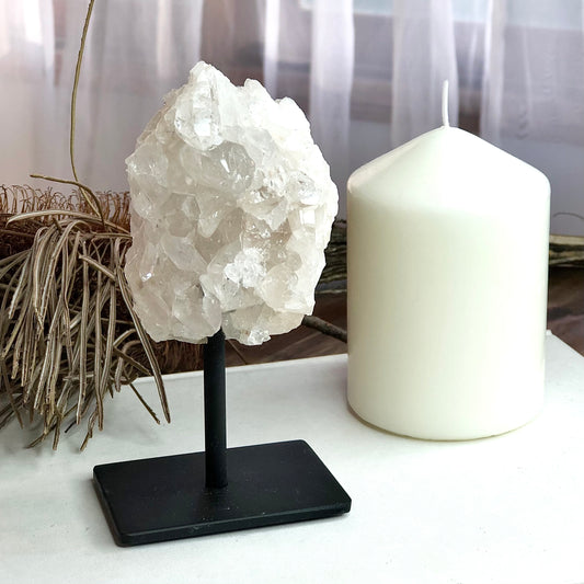 Clear quartz crystal cluster on stand 13